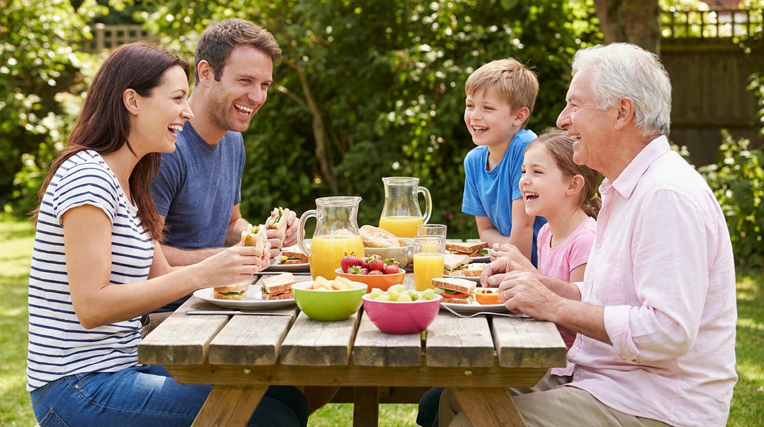 A multi-generational family sits together at a wooden picnic table sharing a meal outdoors. Adults and children face each other with sandwiches, fruit, and bowls of salad arranged on the table. 